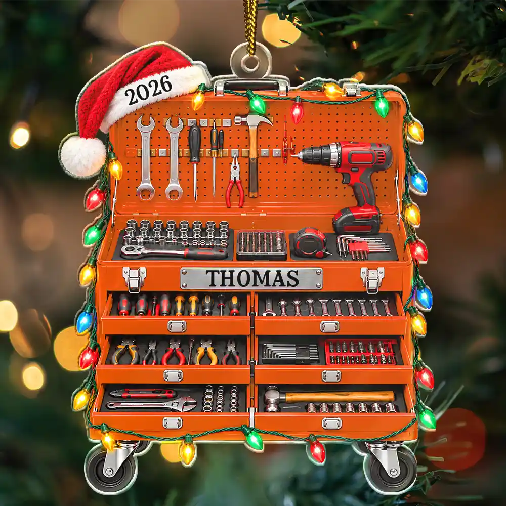 Christmas,Custom Text,Garage,Gift For Men,Gift For Yourself,Gifts For Him,Happy,Semi-Outdoor,Top Market - Christmas Gift For Mechanic Husband Dad - Personalized Tool Box Acrylic Ornament