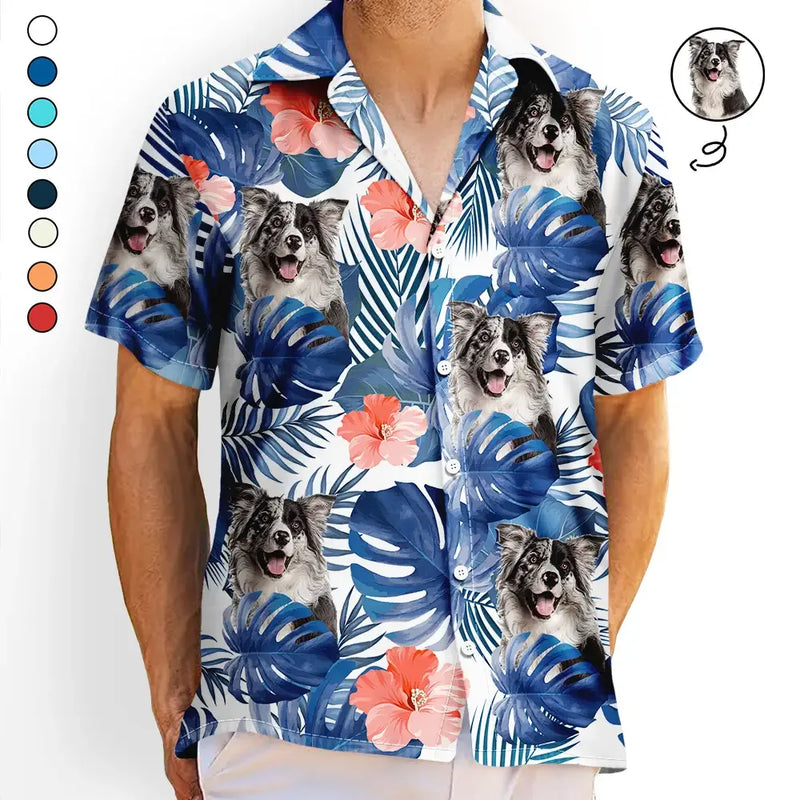 Custom Photo,Summer,Gift For Women,Gift For Men,Gift For Father,Happy,Non-Eng,Photo,Playful - Custom Photo Tropical Leaves Funny Family Pet Face - Personalised Hawaiian Shirt