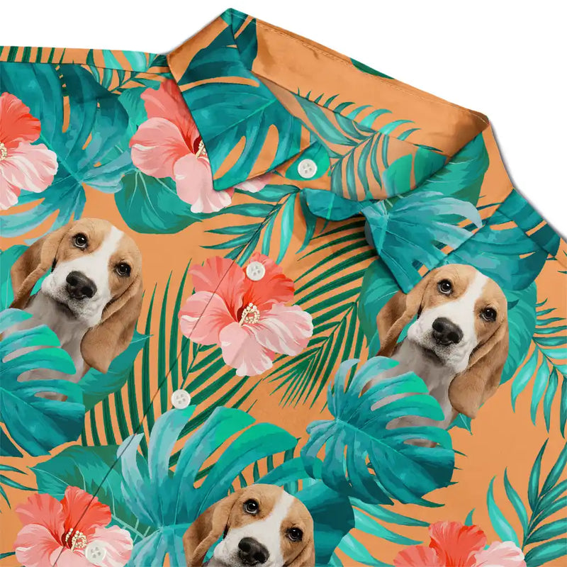 Custom Photo,Summer,Gift For Women,Gift For Men,Gift For Father,Happy,Non-Eng,Photo,Playful - Custom Photo Tropical Leaves Funny Family Pet Face - Personalised Hawaiian Shirt