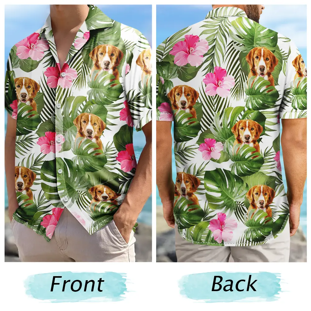 Custom Photo,Summer,Gift For Women,Gift For Men,Gift For Father,Happy,Non-Eng,Photo,Playful - Custom Photo Tropical Leaves Funny Family Pet Face - Personalised Hawaiian Shirt