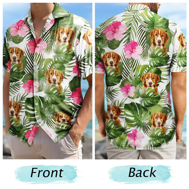 Custom Photo,Summer,Gift For Women,Gift For Men,Gift For Father,Happy,Non-Eng,Photo,Playful - Custom Photo Tropical Leaves Funny Family Pet Face - Personalised Hawaiian Shirt