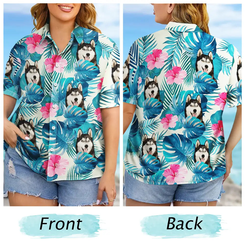 Custom Photo,Summer,Gift For Women,Gift For Men,Gift For Father,Happy,Non-Eng,Photo,Playful - Custom Photo Tropical Leaves Funny Family Pet Face - Personalised Hawaiian Shirt