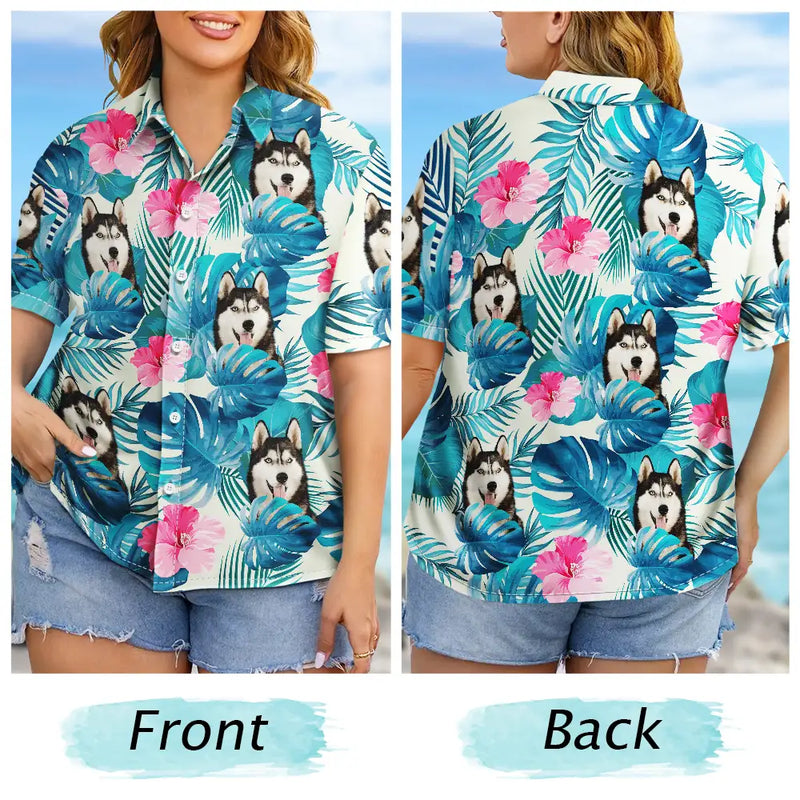 Custom Photo,Summer,Gift For Women,Gift For Men,Gift For Father,Happy,Non-Eng,Photo,Playful - Custom Photo Tropical Leaves Funny Family Pet Face - Personalised Hawaiian Shirt