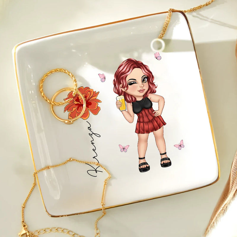 Y2K Girl With Birth Flowers - Personalized Ring Dish