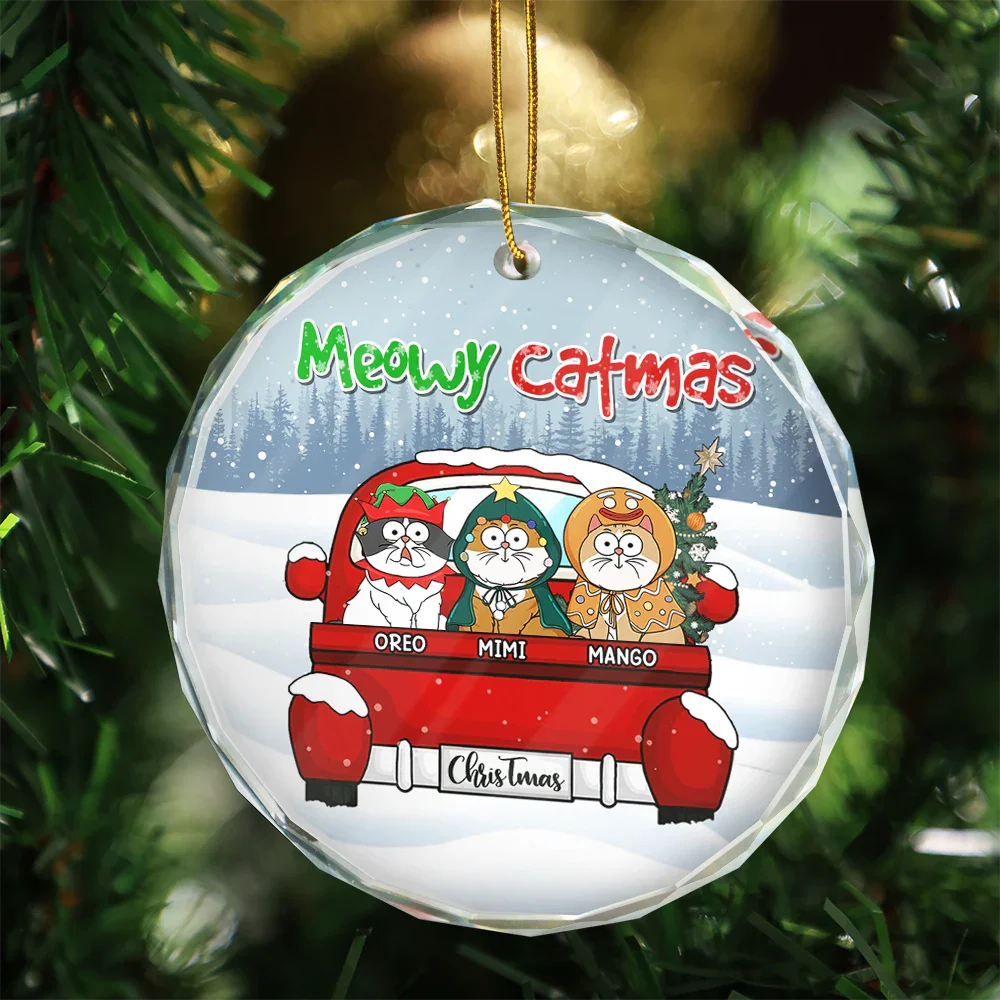 Meowy Catmas Christmas - Personalized Circle Glass Ornament