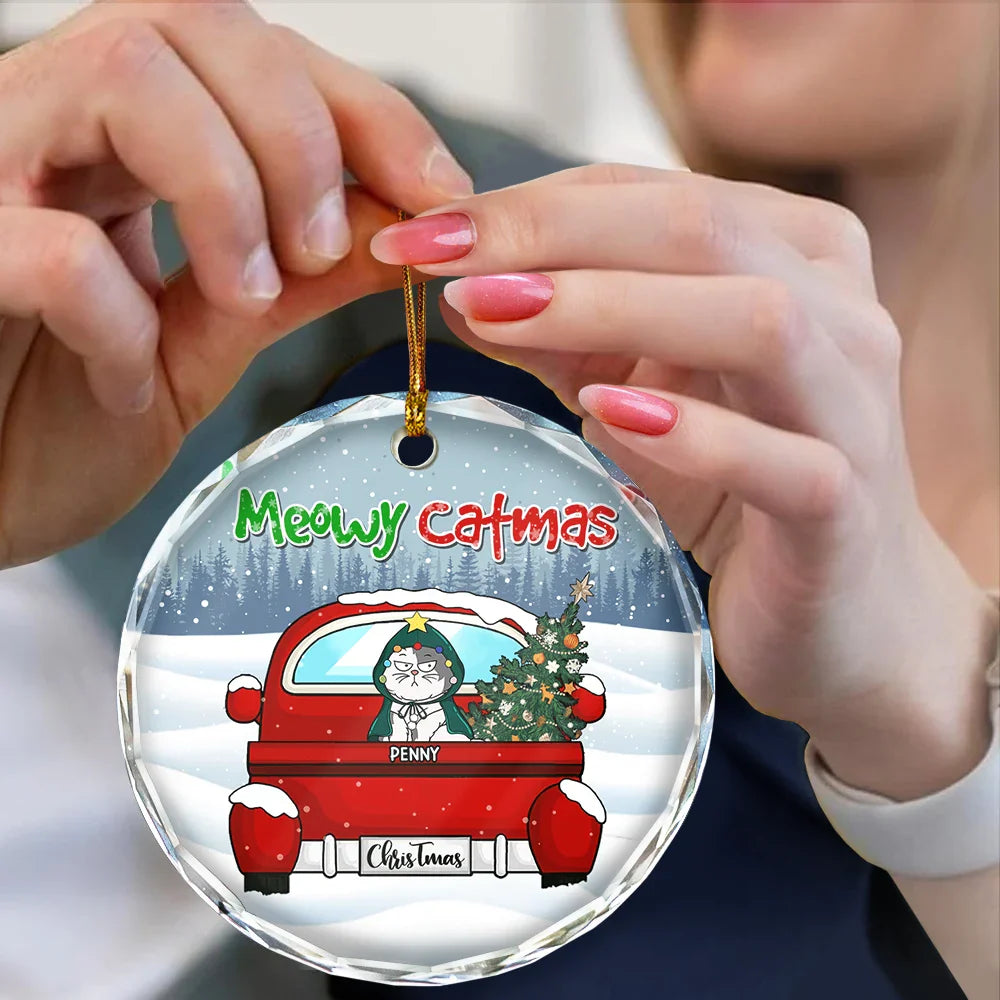 Meowy Catmas Christmas - Personalized Circle Glass Ornament
