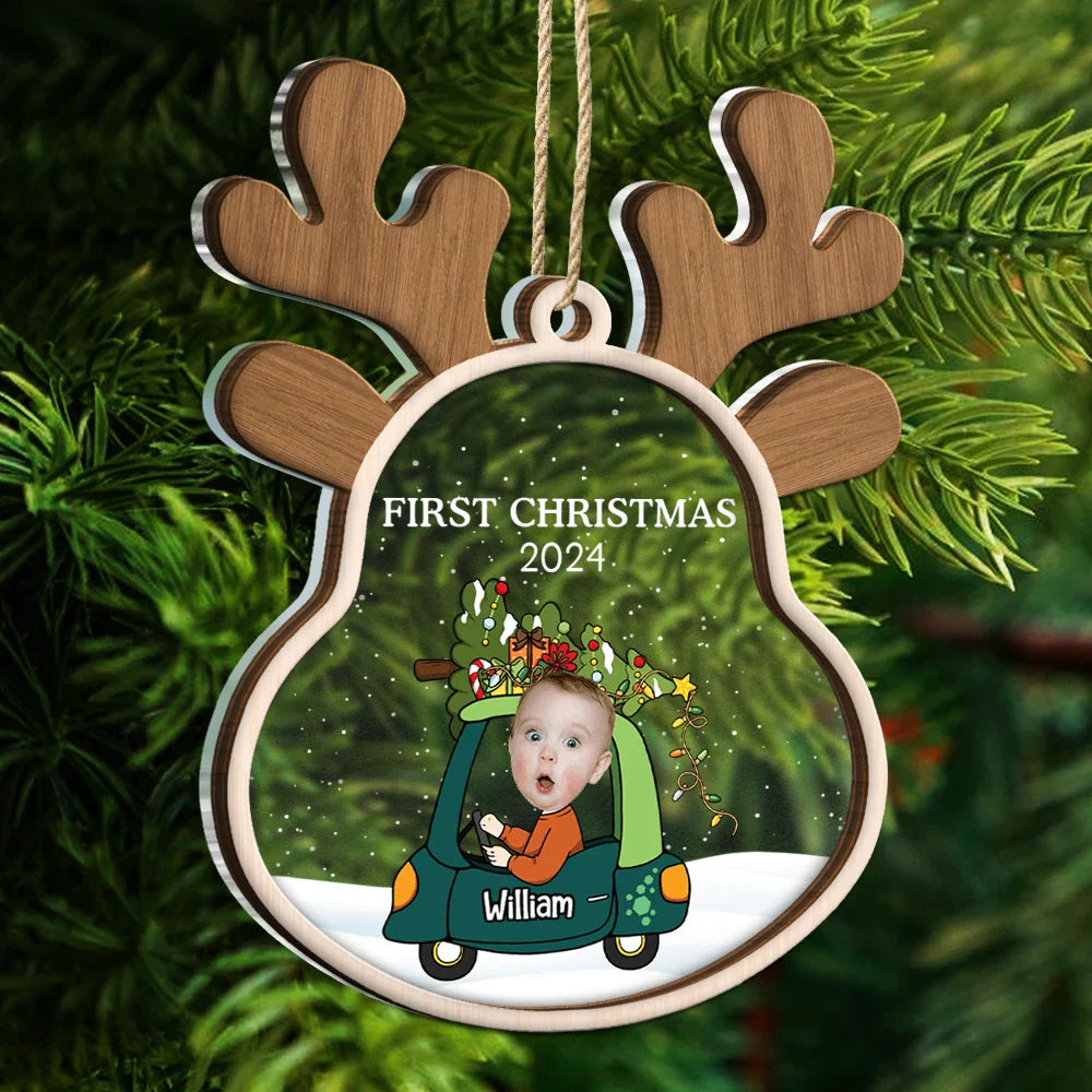 Gift For Kids - Custom Photo Reindeer Baby First Christmas - Personalized 2-Layered Mix Ornament
