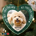 Pet Lovers - Custom Photo First Christmas Pet Lovers - Personalized Heart Shaped Glass Ornament