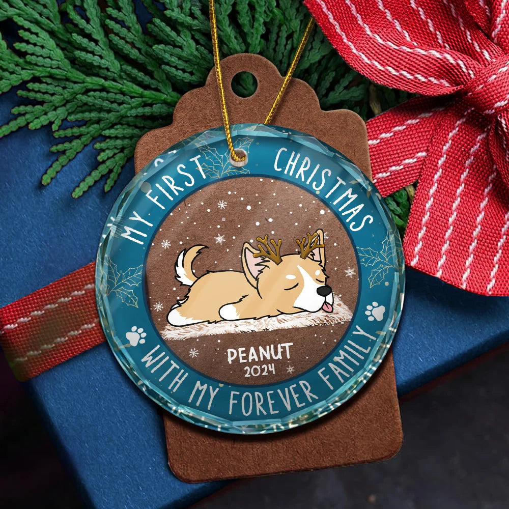 Pet Lovers, Pet Mom, Pet Dad - First Christmas With My Forever Home - Personalized Circle Glass Ornament