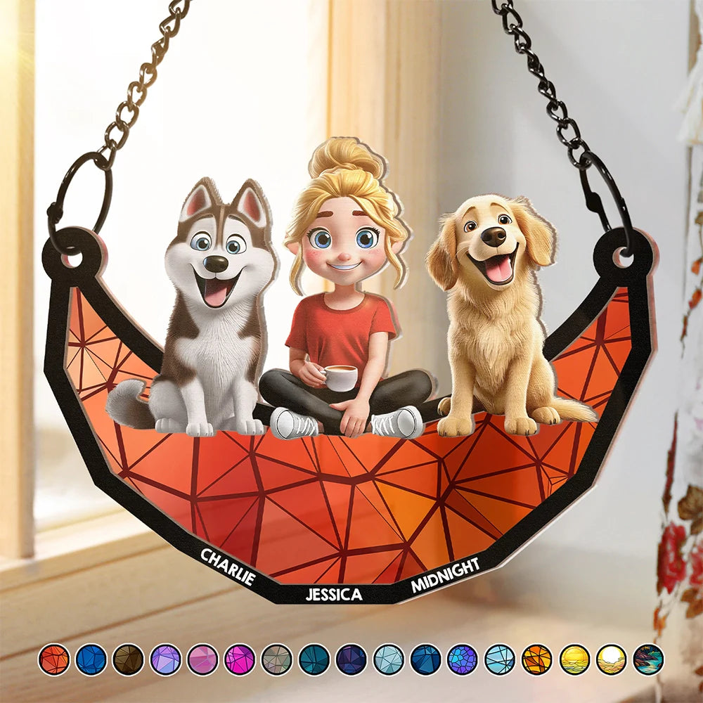 Dog Lovers,Dog Mom,Pet Lovers,Happy - 3D Cartoon Dog And Women Sit On The Moon - Personalized Window Hanging Suncatcher Ornament