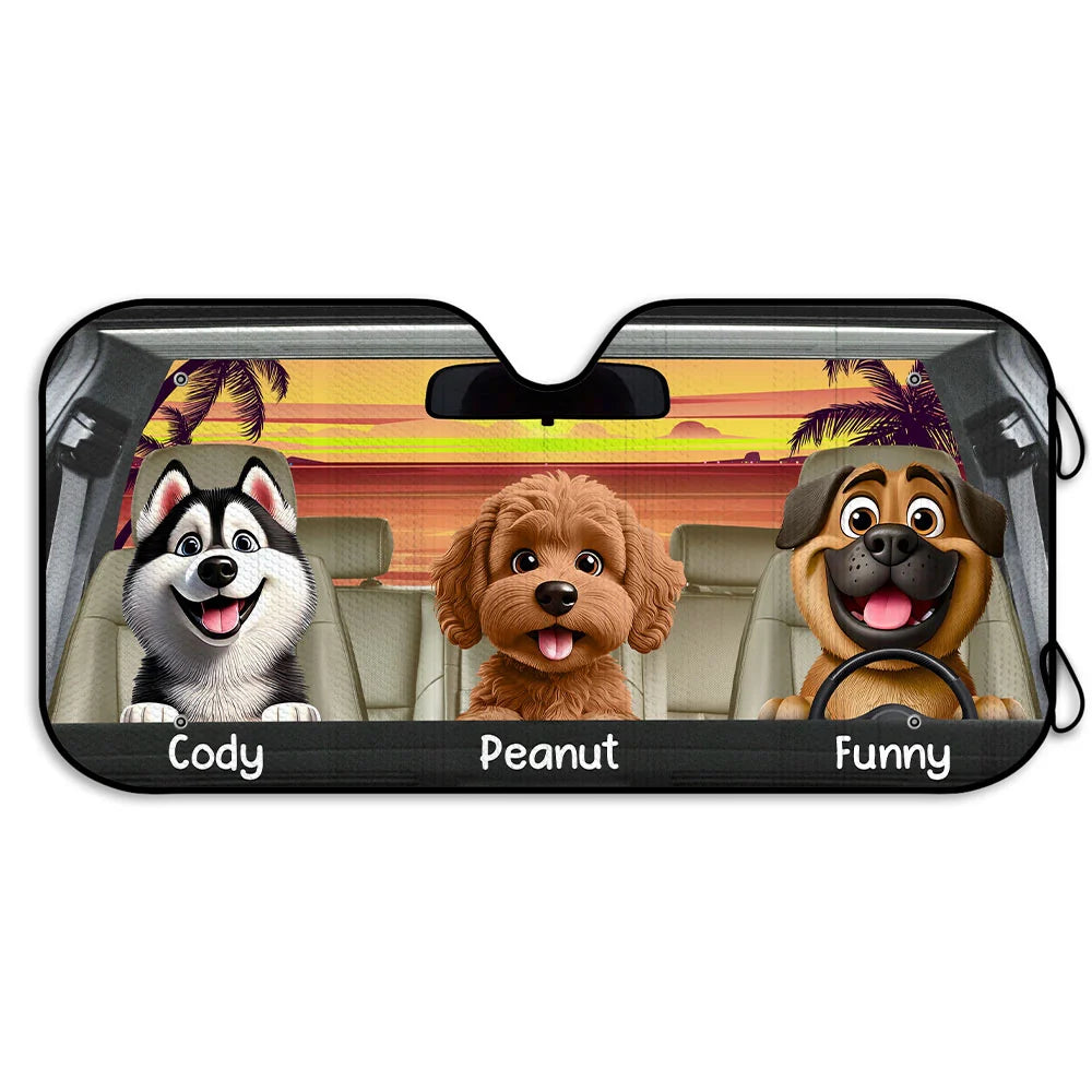 Dog Lovers, Dog Mom, Pet Lovers - Dog's Trip 3D Cartoon Effect - Personalized Auto Sunshade