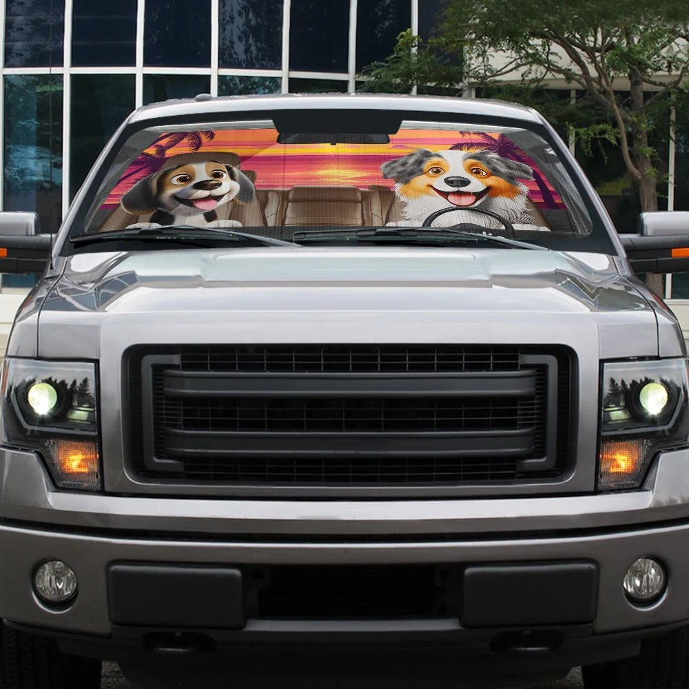 Dog Lovers, Dog Mom, Pet Lovers - Dog's Trip 3D Cartoon Effect - Personalized Auto Sunshade
