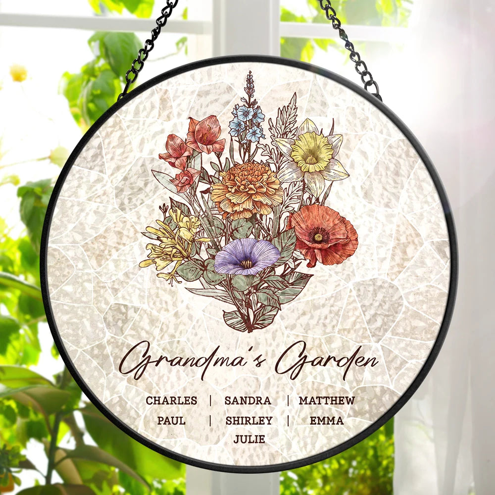Grandma's Garden Family Birth Flower - Personalized Stained Glass Window Hanging Suncatcher