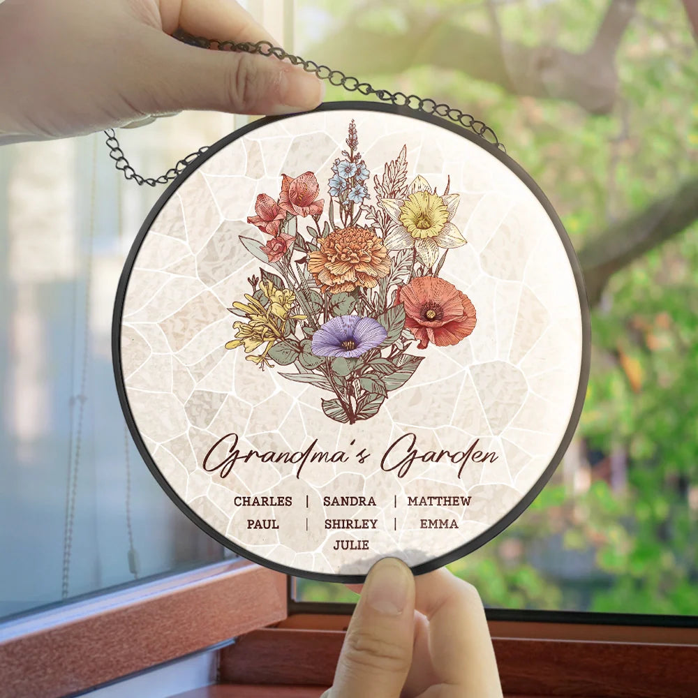 Love,Family,Gift For Mother,Gift For Grandma,Gift For Wife - Grandma's Garden Family Birth Flower - Personalized Stained Glass Window Hanging Suncatcher