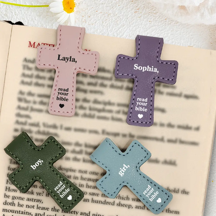 Read Your Bible - Personalized Cross Leather Magnetic Bookmark