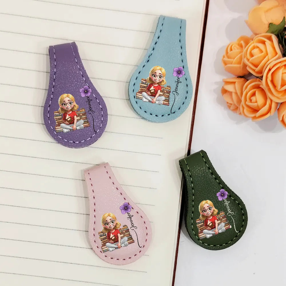 Reading, Gift For Yourself, Gift For Women, Happy - Reading Girl With Birth Month Flower - Personalized Circle Leather Magnetic Bookmark