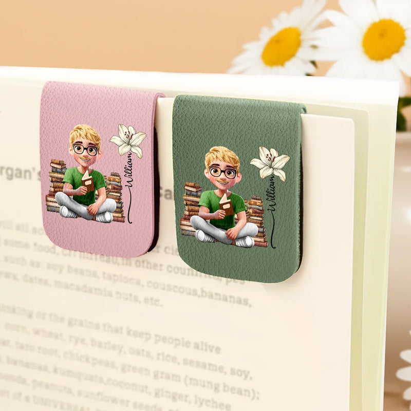 Reading,Gift For Yourself,Happy - Reading Girl With Birth Month Flower - Personalized Leather Magnetic Bookmark