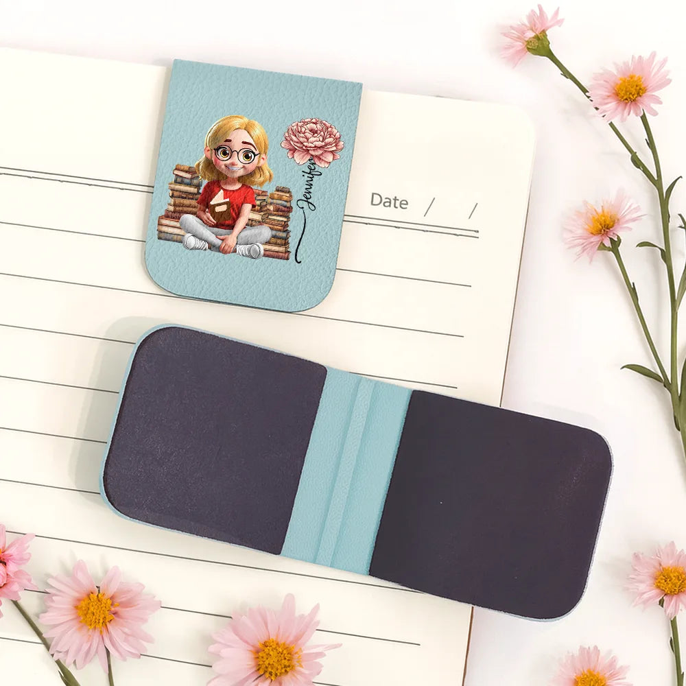 Reading,Gift For Yourself,Happy - Reading Girl With Birth Month Flower - Personalized Leather Magnetic Bookmark