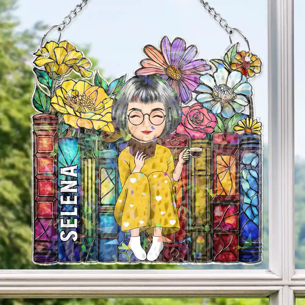 Happy, Reading, Gift For Yourself, Gift For Women, Gift For Men - Reading Girl With Books - Personalized Window Corner Suncatcher