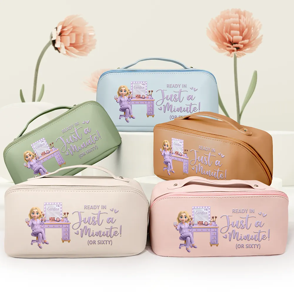Gift For Women, Happy - Ready In Just A Minute Makeup Girl Beauty 3D Effect - Personalized Leather Makeup Bag
