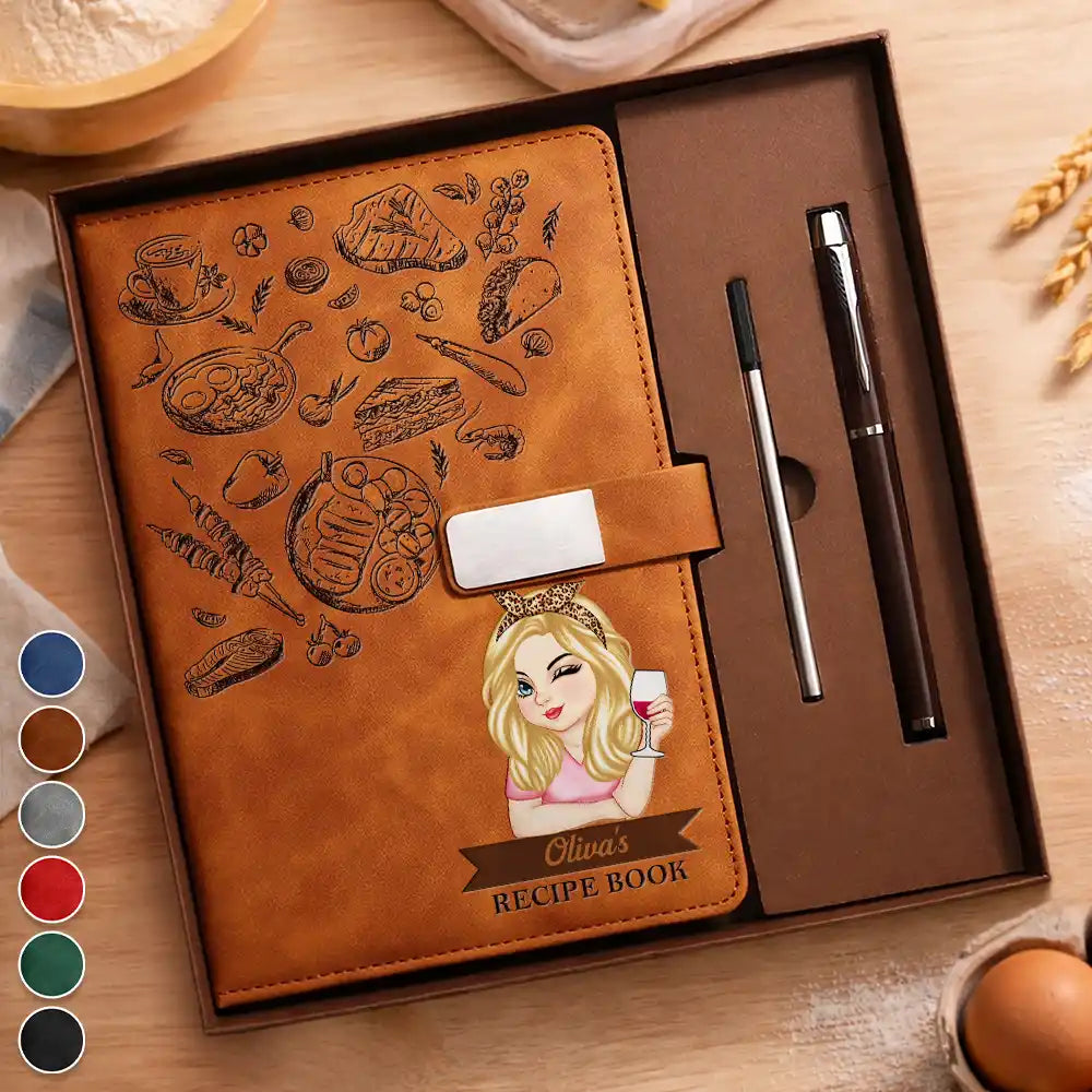 Gift For Wife,Gift For Girlfriend,Gift For Yourself,Gift For Women,Gift For Mother,Gift For Grandma,Mom's Hobby,Grandma's Hobby,Happy,Cooking,Baking  - Recipe Book - Personalized Leather Notebook Set