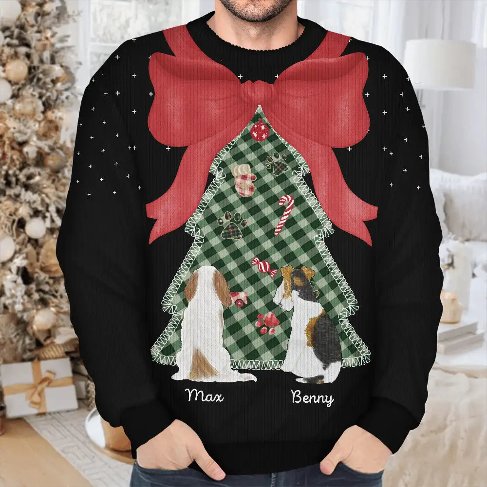 Pet Lovers,Pet Mom,Dog Lovers,Dog Mom,Cat Lovers,Cat Mom,Christmas,Love,Gift For Women - Red Bow Christmas Tree For Dog Cat Lovers - Personalized Unisex Ugly Sweater