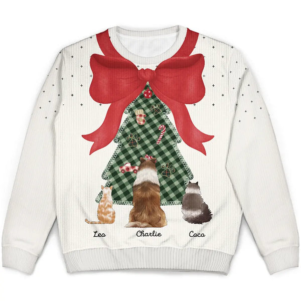 Pet Lovers,Pet Mom,Dog Lovers,Dog Mom,Cat Lovers,Cat Mom,Christmas,Love,Gift For Women - Red Bow Christmas Tree For Dog Cat Lovers - Personalized Unisex Ugly Sweater