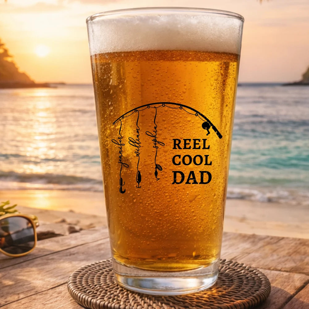 Gift For Father,Gift For Grandpa,Fishing,Non-Eng,Icon,Proud - Reel Cool Dad Grandpa - Personalized Beer Glass