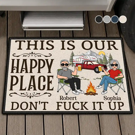 Retro Cartoon Camping Couple This Is Our Happy Place - Personalized Doormat