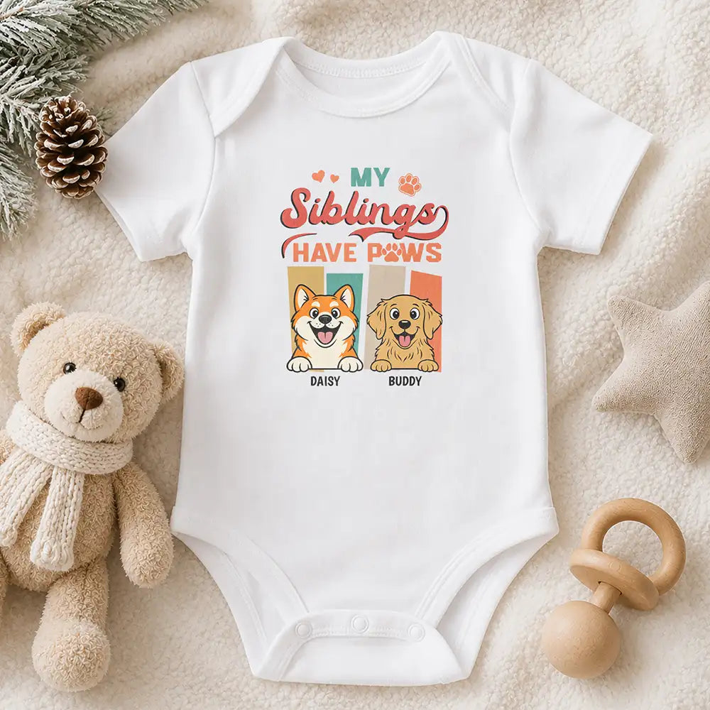 Top Market,New Baby,Playful,Pet Lovers,Vector - Retro Dogs Cats Siblings Have Paws - Personalized Baby Onesie