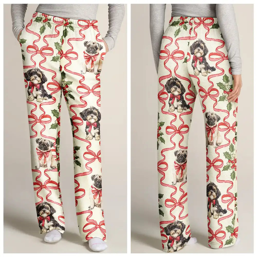 Dog Lovers,Dog Mom,Christmas,Happy - Retro Holy Berries And Decorative Bow - Personalized Pajama Pants