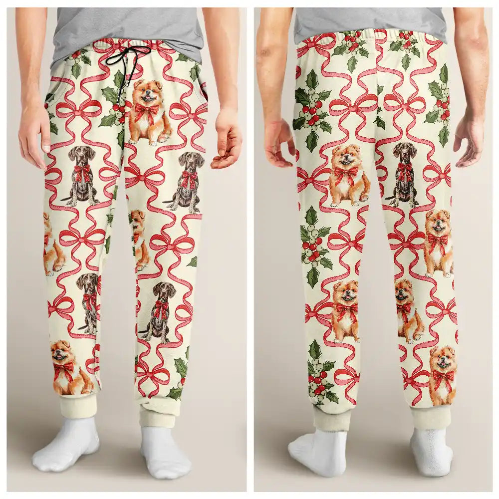 Dog Lovers,Dog Mom,Christmas,Happy - Retro Holy Berries And Decorative Bow - Personalized Pajama Pants