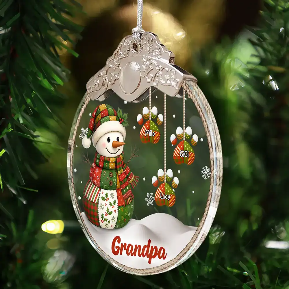 Gift For Grandma, Gift For Grandparents, Christmas, Love - Retro Patchwork Snowman - Personalized Glass Ornament With Silver Cap