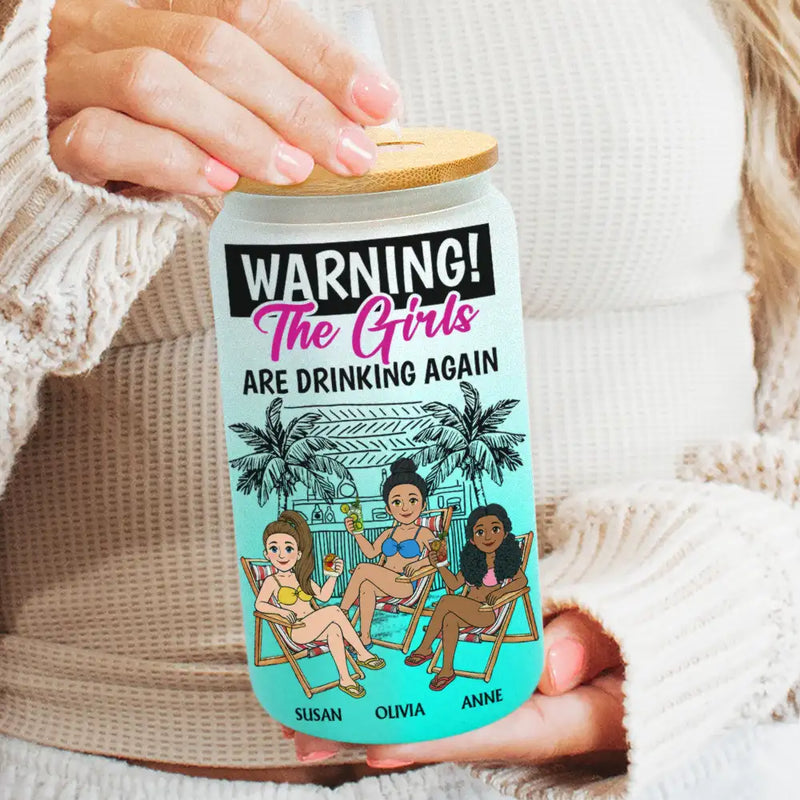 Top Market,Gift For Bestie,Humorous,Beach,Summer,Vector - Retro Style Besties Warning The Girls Are Drinking Again - Personalized Ombre Frosted Glass Can