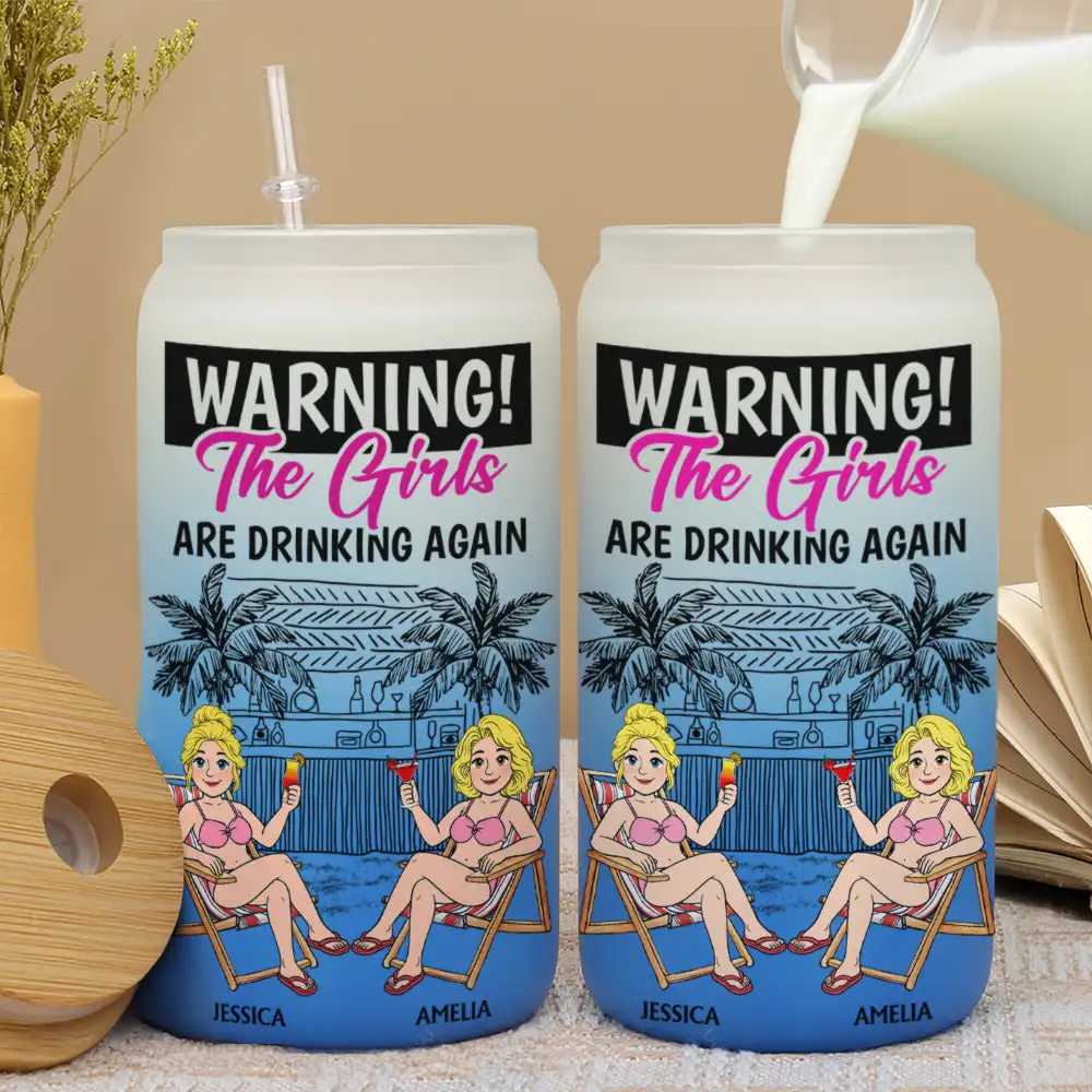 Top Market,Gift For Bestie,Humorous,Beach,Summer,Vector - Retro Style Besties Warning The Girls Are Drinking Again - Personalized Ombre Frosted Glass Can