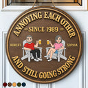 Humorous, Old Couples, Gift For Couples, Vector - Retro Style Couple Annoying Each Other Wood-Look - Personalized Custom Shaped Wood Sign