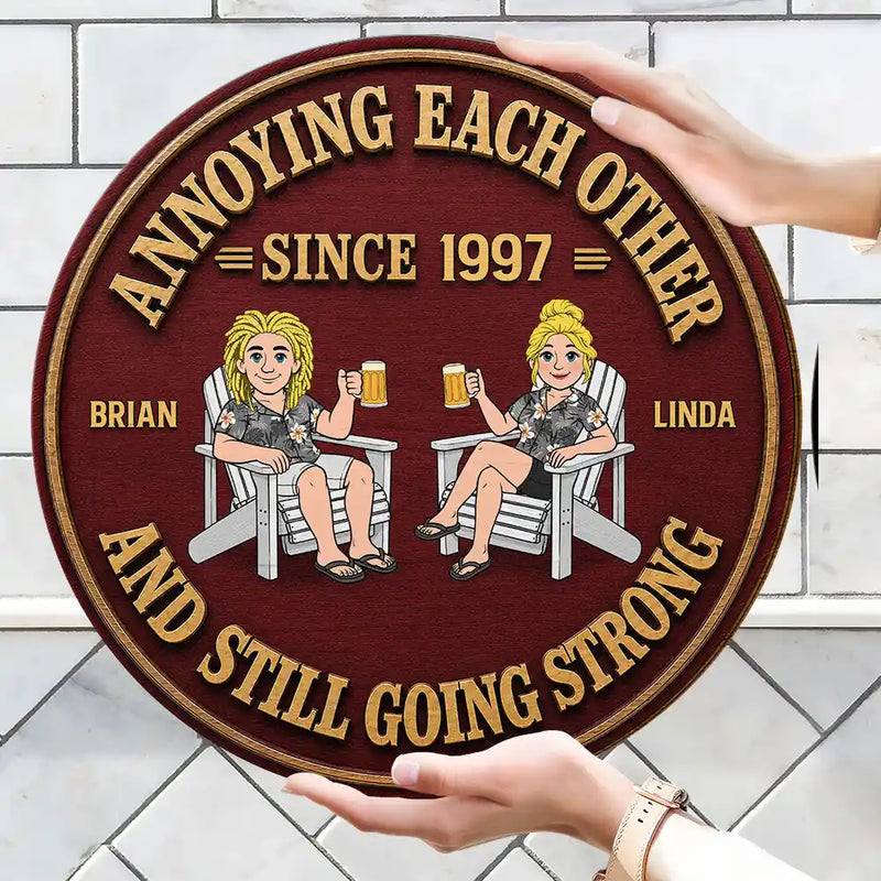 Humorous, Old Couples, Gift For Couples, Vector - Retro Style Couple Annoying Each Other Wood-Look - Personalized Custom Shaped Wood Sign