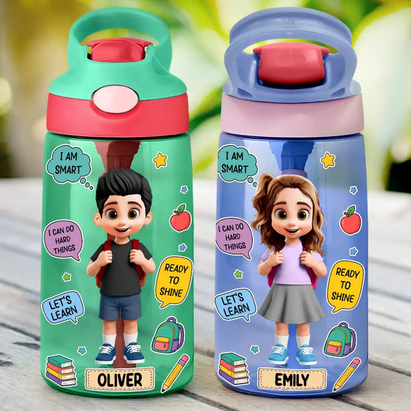 Adorable,Back To School,Gift For Kids,Vector - School Kid With Backpack - Personalized Kids Water Bottle With Straw