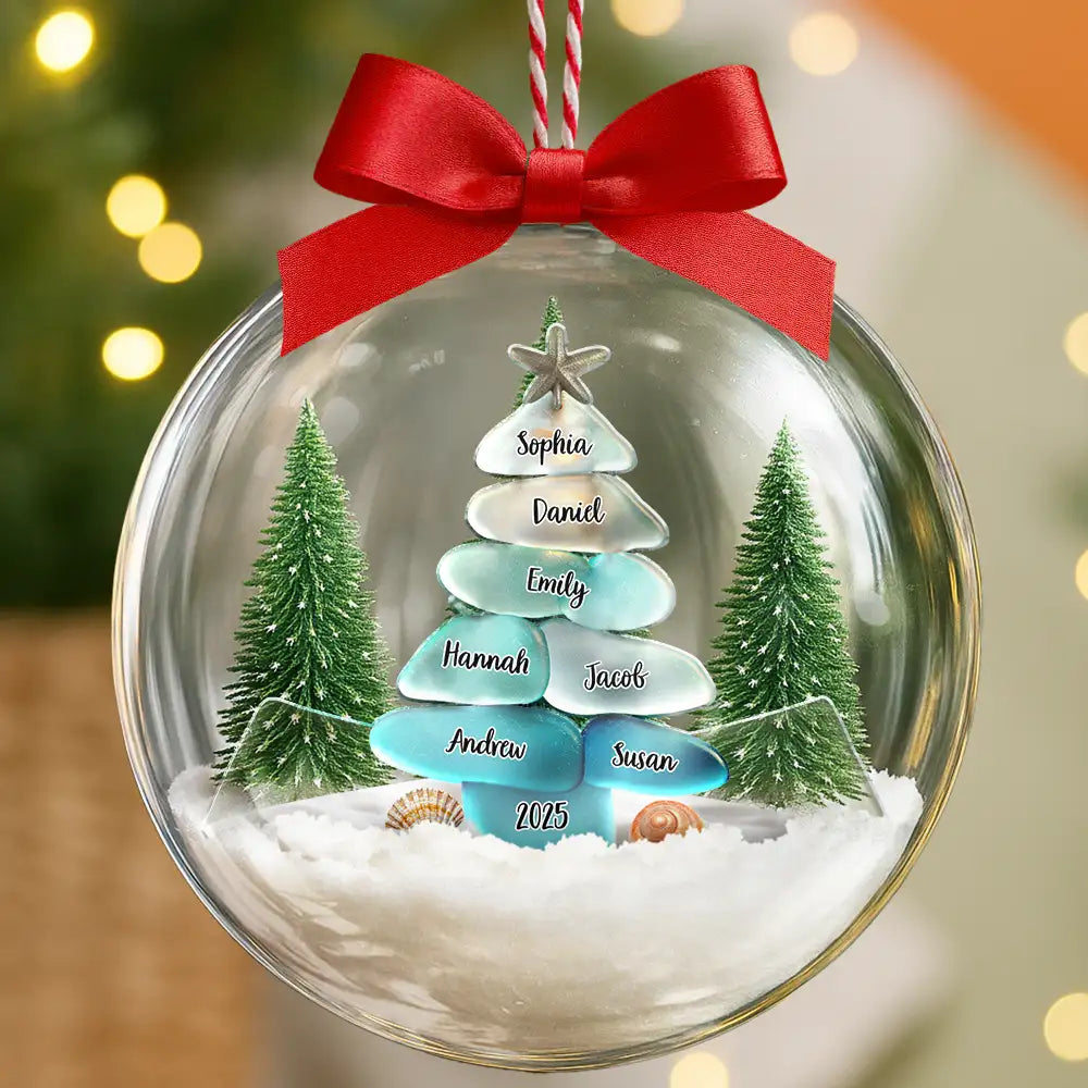 Family,Pet Lovers,Pet Mom,Pet Dad,Pet Couple,Dog Lovers,Dog Couple,Dog Mom,Dog Dad,Cat Lovers,Cat Mom,Cat Dad,Cat Couple,Happy,Single Mom,Single Dad,Gift For Grandpa,Gift For Grandma,Gift For Grandkids,Christmas - Sea Glass Family Christmas - Personalized 3D Acrylic Ball Ornament
