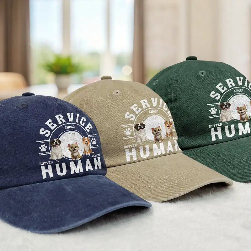Happy,Gift For Father,Gift For Husband,Dog Dad,Cat Dad,Pet Lovers,Pet Dad - Service Human Do Not Pet Dog Cat - Personalized Vintage Washed Denim Cap