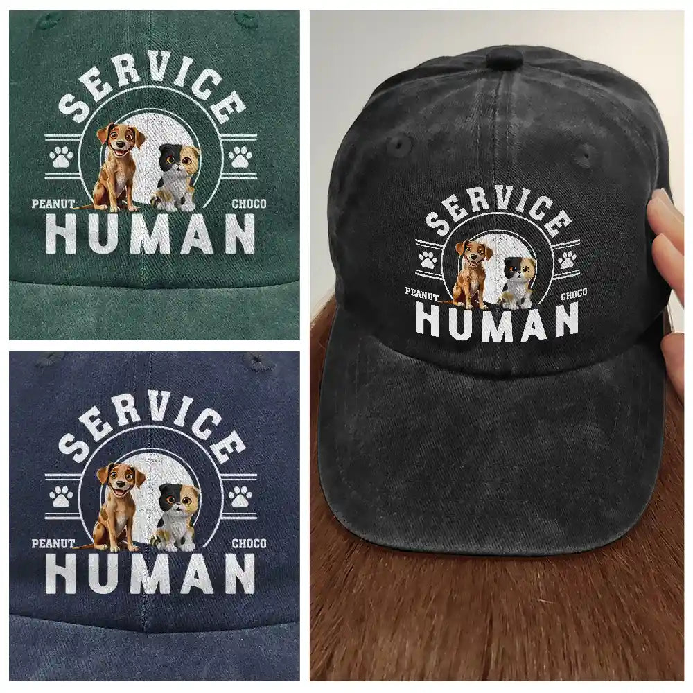 Happy,Gift For Father,Gift For Husband,Dog Dad,Cat Dad,Pet Lovers,Pet Dad - Service Human Do Not Pet Dog Cat - Personalized Vintage Washed Denim Cap