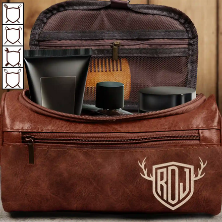 Shield Monogram 2 And 3 Letters - Personalized Leather Toiletry Bag
