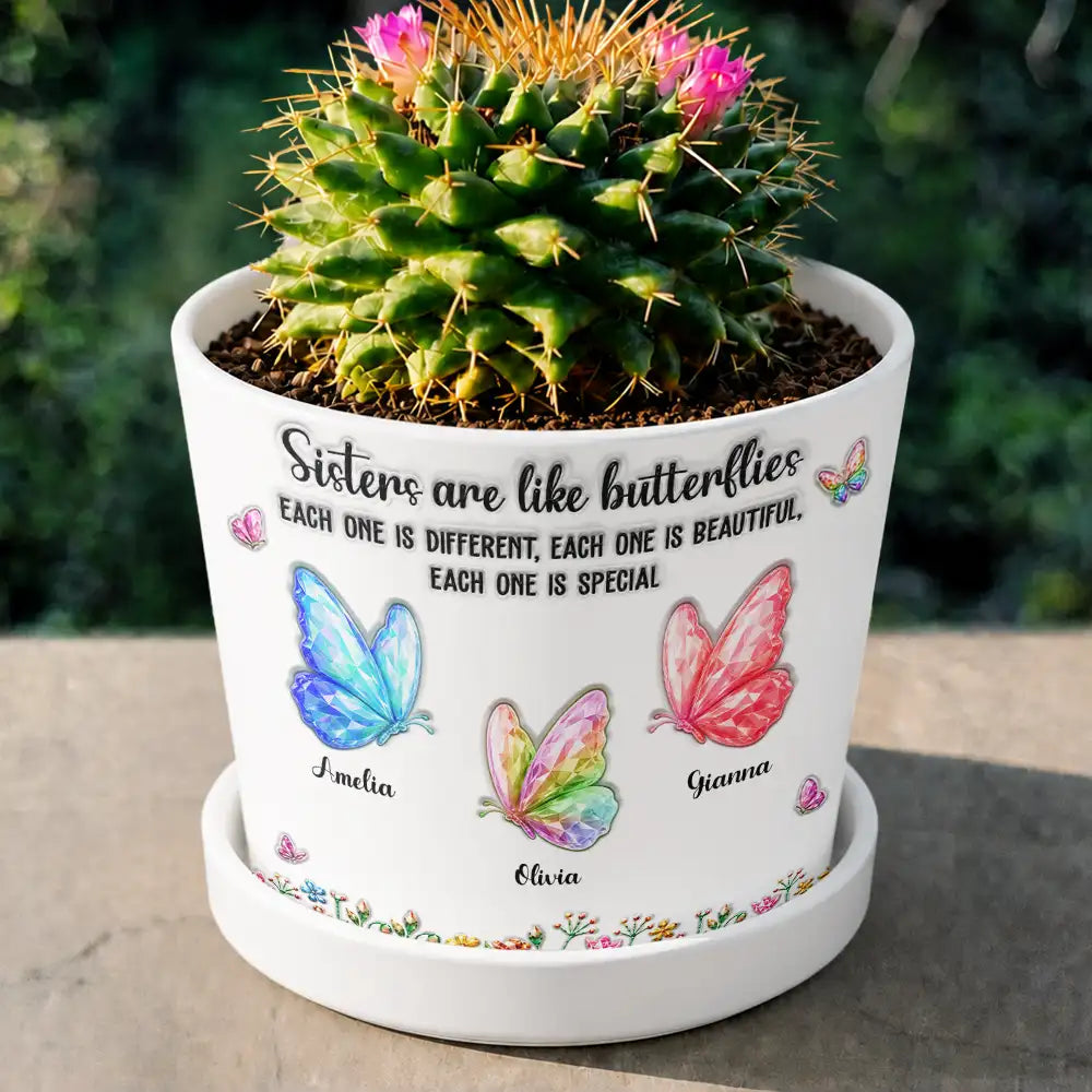 Gift For Cousin,Christmas,Gift For Sister,Gift For Sibling,Icon,Happy - Sisters Are Like Butterflies Crystal 3D Inflated Effect - Personalized Plant Pot