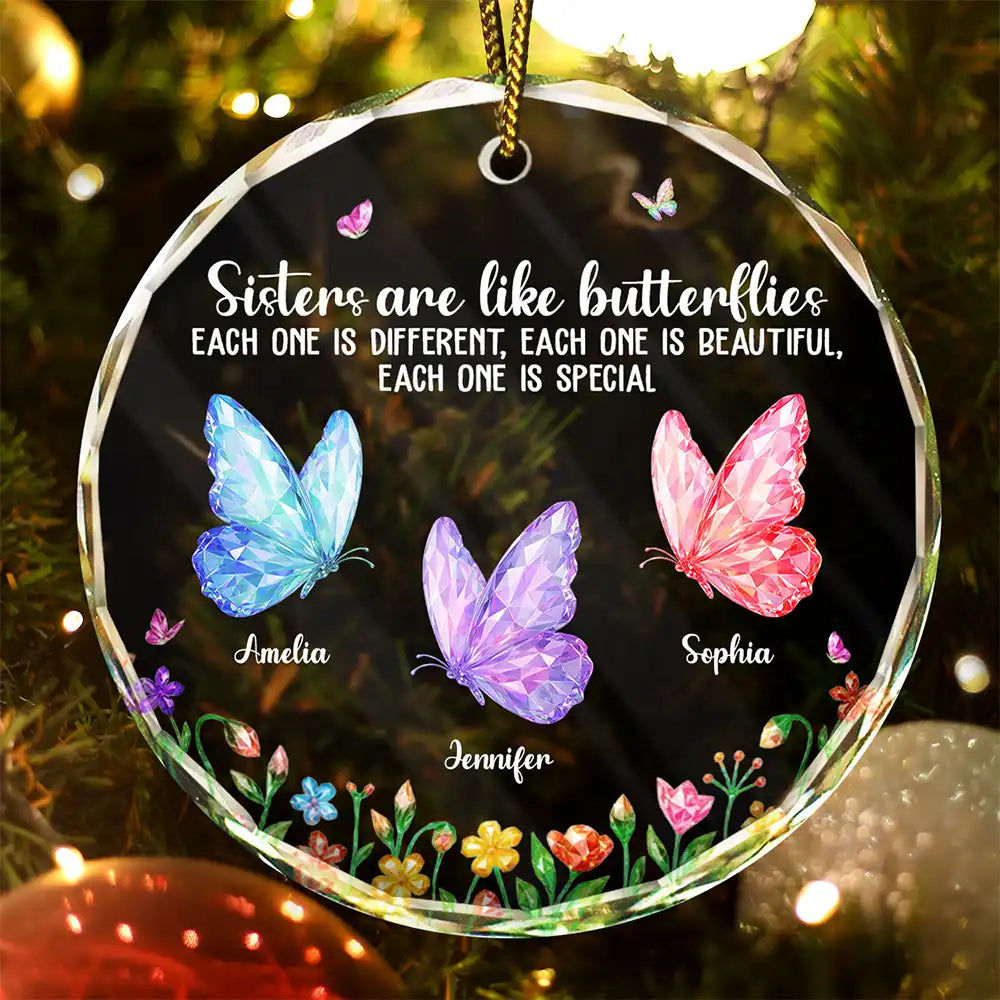 Sisters Are Like Butterflies Crystal Effect - Personalized Circle Glass Ornament
