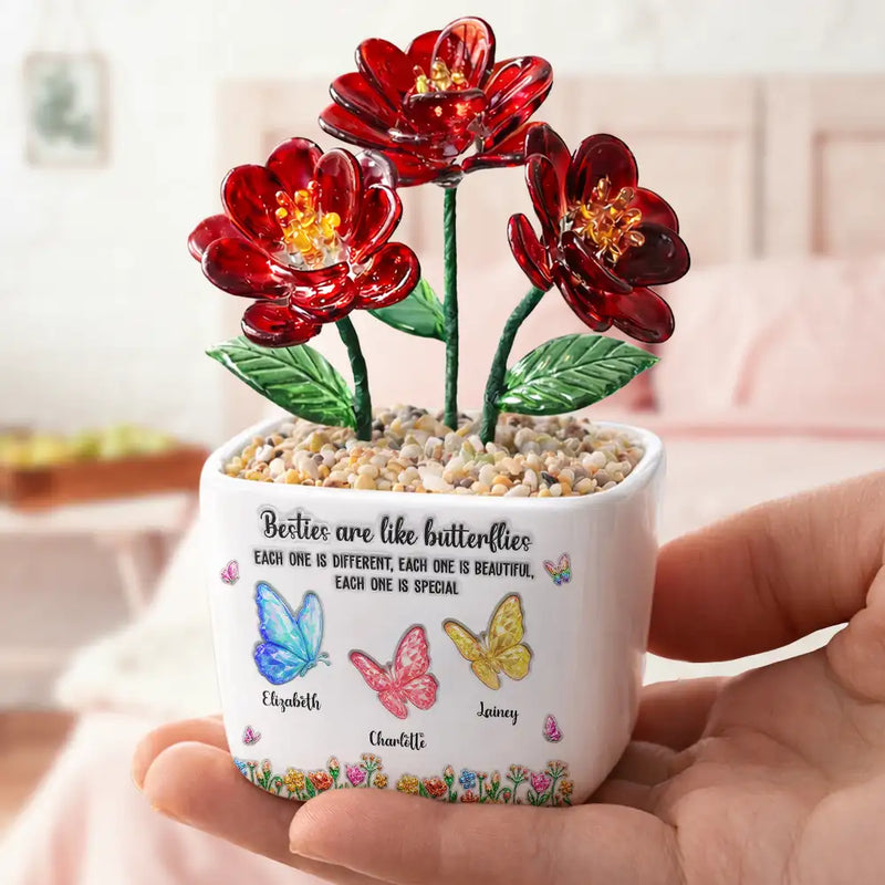 Gift For Cousin,Christmas,Gift For Sister,Gift For Sibling,Icon,Happy - Sisters Are Like Butterflies Crystal 3D Inflated Effect - Personalized Glass Flower Plant Pot