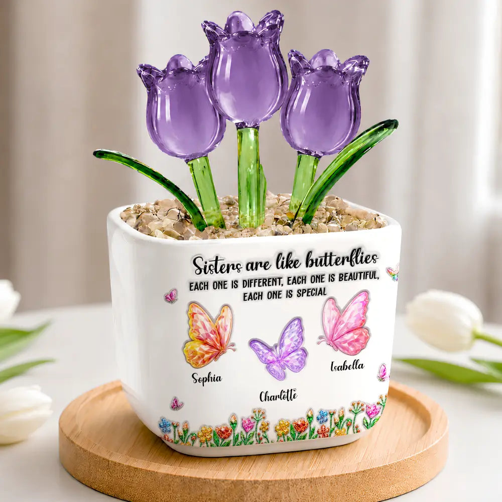 Gift For Cousin,Christmas,Gift For Sister,Gift For Sibling,Icon,Happy - Sisters Are Like Butterflies Crystal 3D Inflated Effect - Personalized Glass Flower Plant Pot