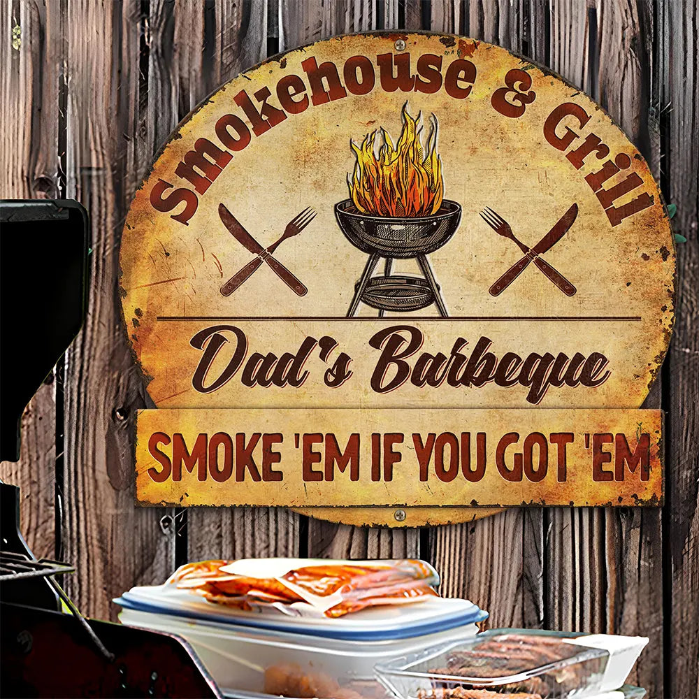 Smokehouse & Grill Dad's Barbeque - Personalized Custom Shaped Metal Sign