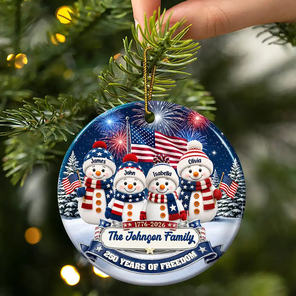 Independence Day,America 250th,Christmas,Proud,Family,Icon - Snowman 250 Years Of Freedom Anniversary - Personalized Circle Ceramic Ornament