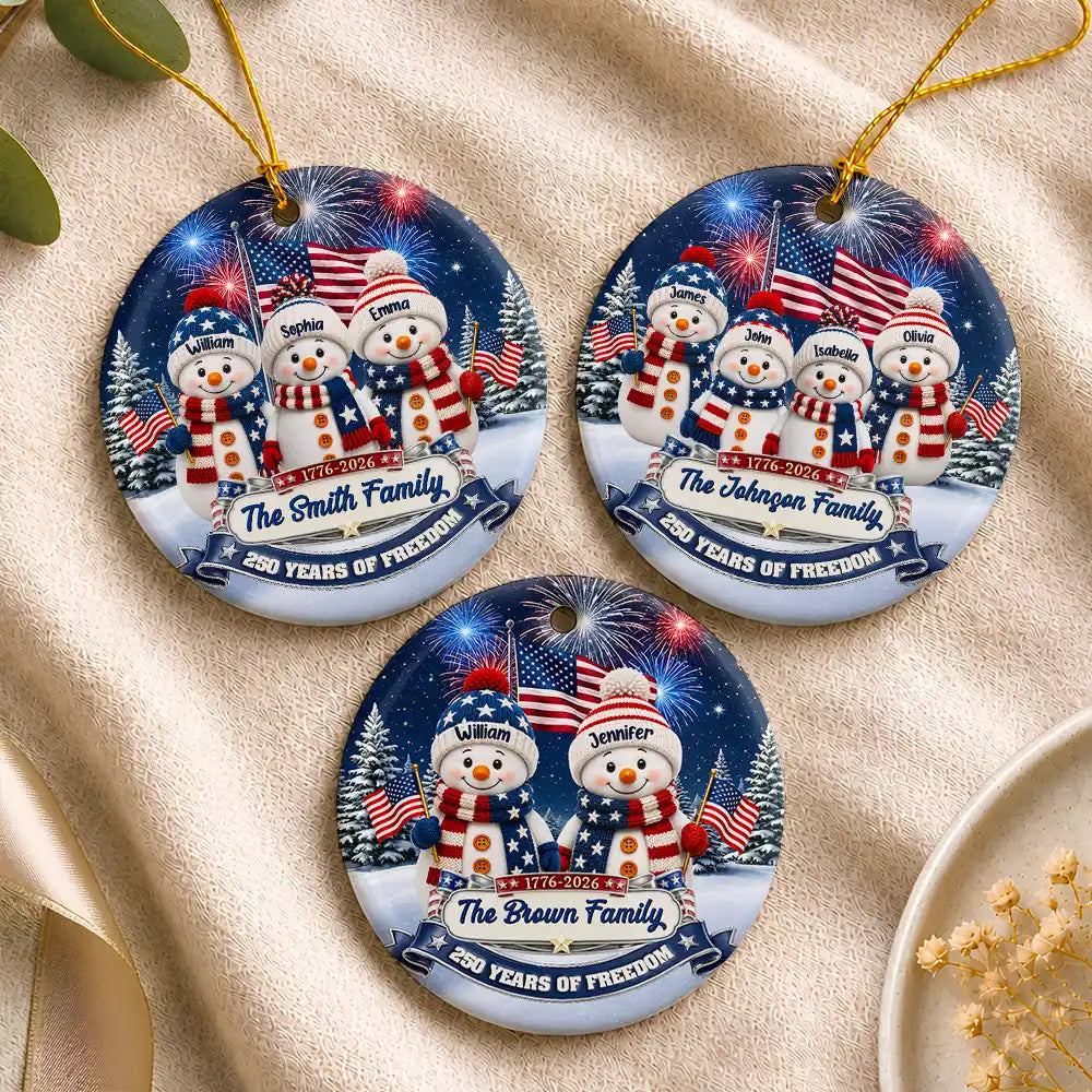 Independence Day,America 250th,Christmas,Proud,Family,Icon - Snowman 250 Years Of Freedom Anniversary - Personalized Circle Ceramic Ornament