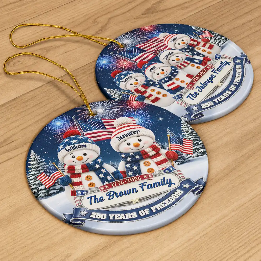 Independence Day,America 250th,Christmas,Proud,Family,Icon - Snowman 250 Years Of Freedom Anniversary - Personalized Circle Ceramic Ornament